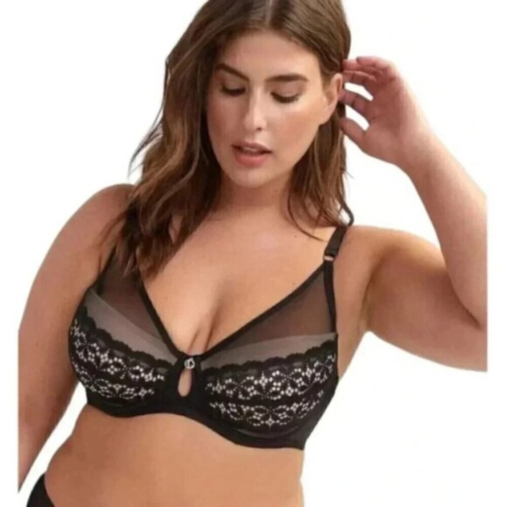 Ashley Graham Demi Cup Diva Bra Lace Sheer Sexy Size  44C